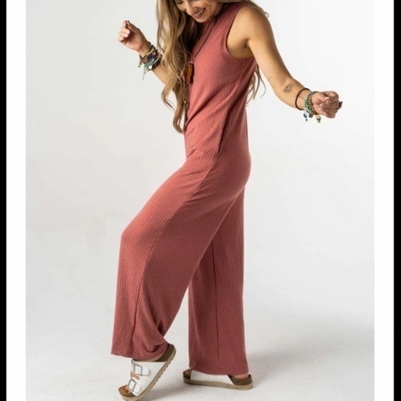 (L) Boho Tea Rose Wide Leg Jumpsuit Bohemian Made in USA BRAND NEW - Picture 1 of 7
